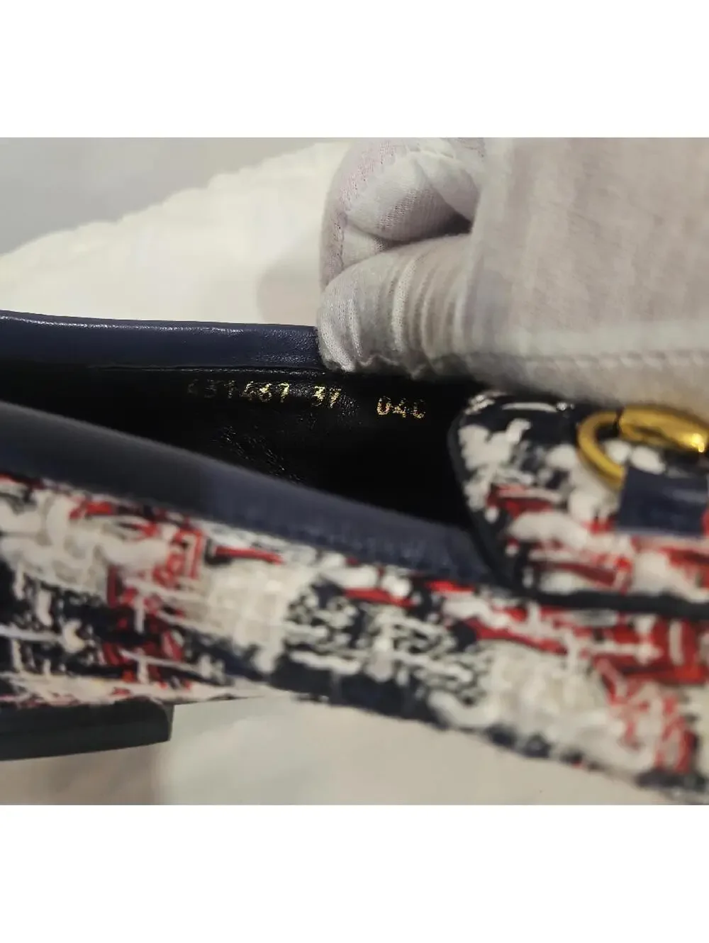 Gucci Tweed Horsebit Loafers in Navy, White & Red